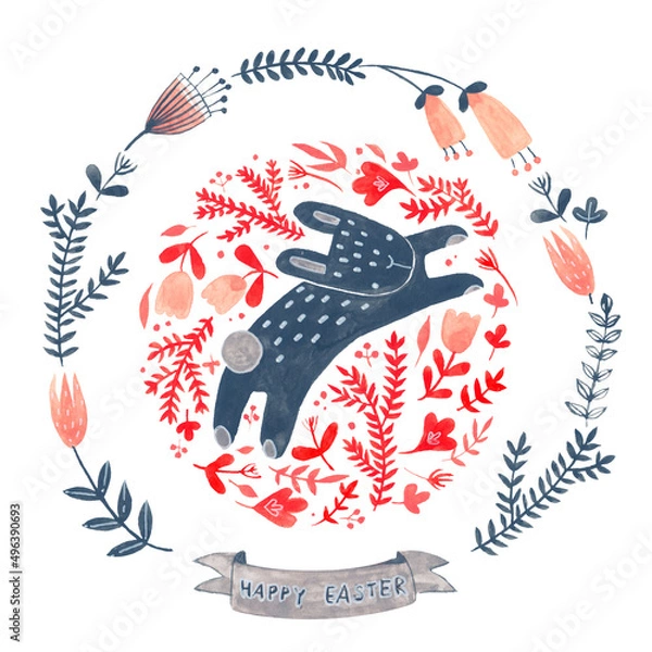 Obraz Watercolor decorative items for Easter. Hare, plant, egg - seamless pattern