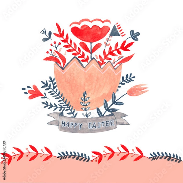 Obraz Watercolor decorative items for Easter. Hare, plant, egg - seamless pattern