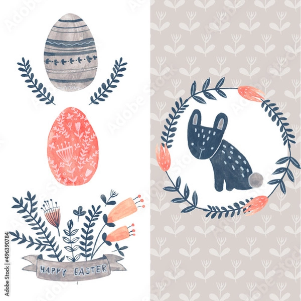 Obraz Watercolor decorative items for Easter. Hare, plant, egg - seamless pattern