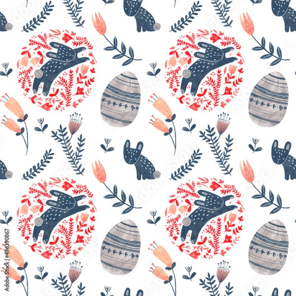 Obraz Watercolor decorative items for Easter. Hare, plant, egg - seamless pattern