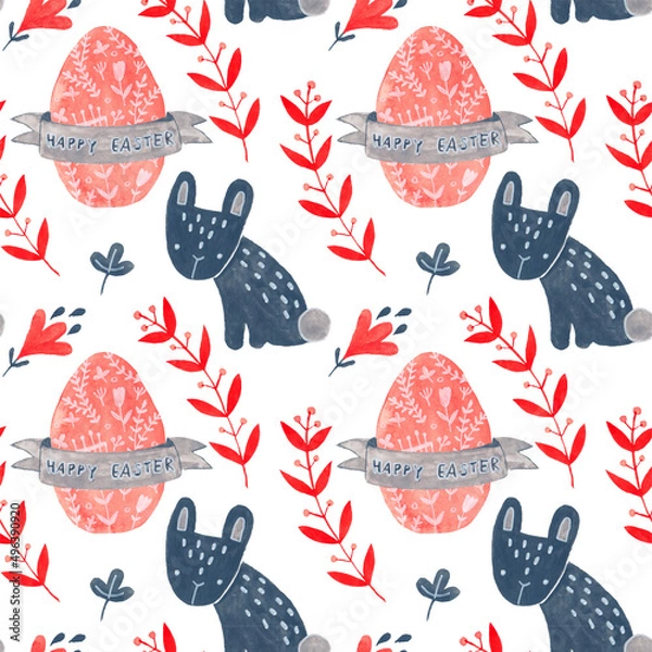 Obraz Watercolor decorative items for Easter. Hare, plant, egg - seamless pattern