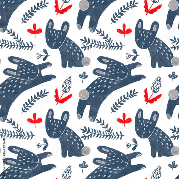 Obraz Watercolor decorative items for Easter. Hare, plant, egg - seamless pattern