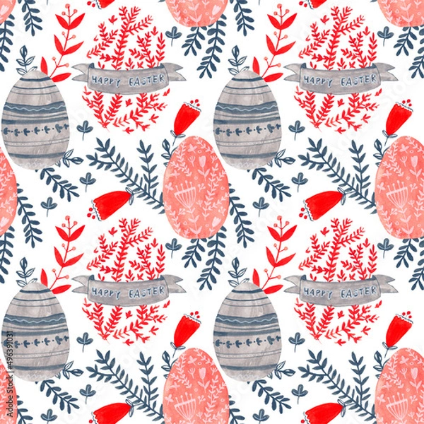 Obraz Watercolor decorative items for Easter. Hare, plant, egg - seamless pattern