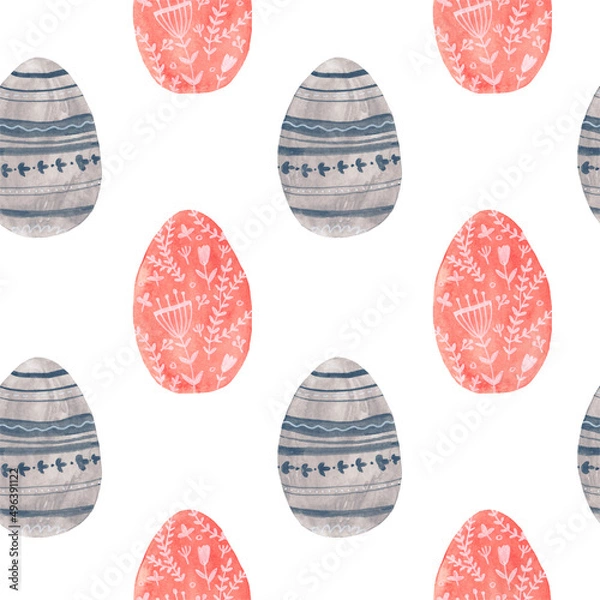 Obraz Watercolor decorative items for Easter. Hare, plant, egg - seamless pattern