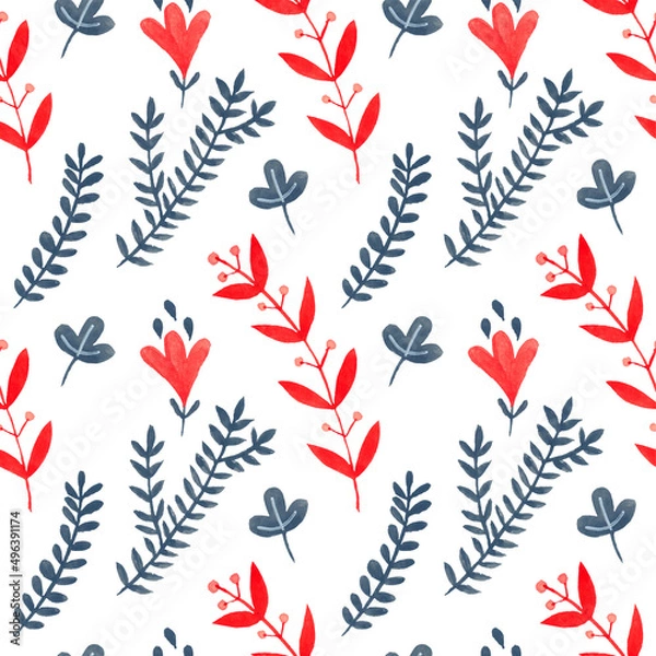 Obraz Watercolor decorative items for Easter. Hare, plant, egg - seamless pattern