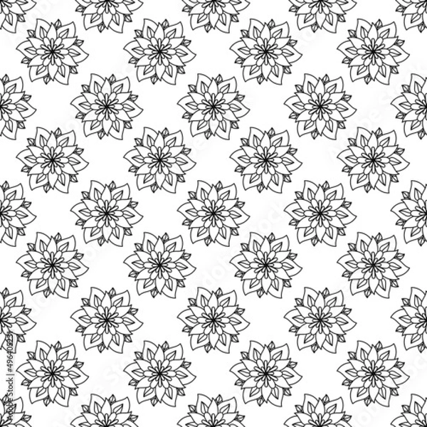 Fototapeta Seamless floral pattern minimal and geometric textures. Black outline isolated on white background. Simple mandala flower elements.