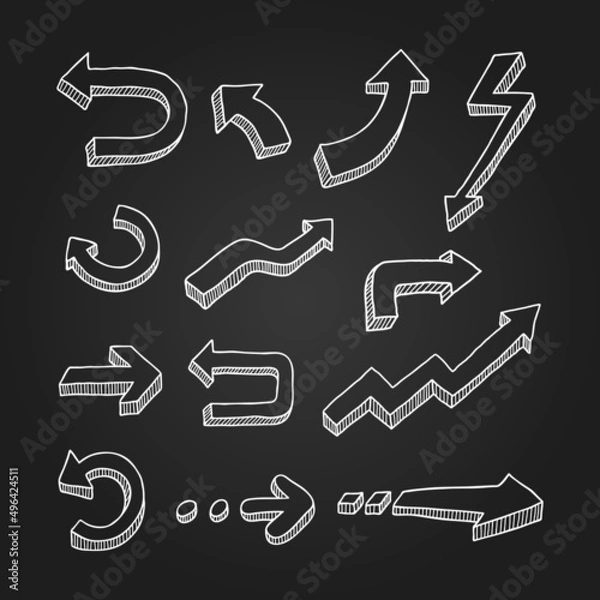 Fototapeta Hand drawn 3D arrow element. Vector illustration of arrow shape in hand drawn and chalk style. Suitable for design element of infographic and poster.