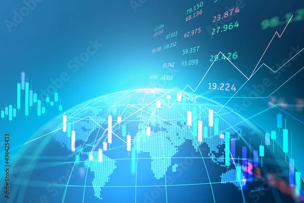 Fototapeta map world representing the global network line wire frame data business with stock market or forex trading graph concept banner on blue background
