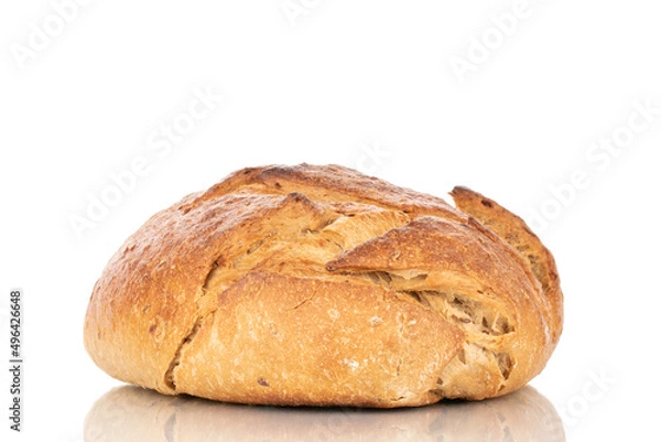 Fototapeta One loaf of buckwheat fragrant bread, macro, isolated on a white background.