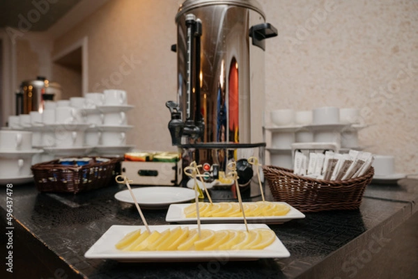 Obraz Cups for coffee and tea at the Banquet. The self-serve station. Coffee, sugar,