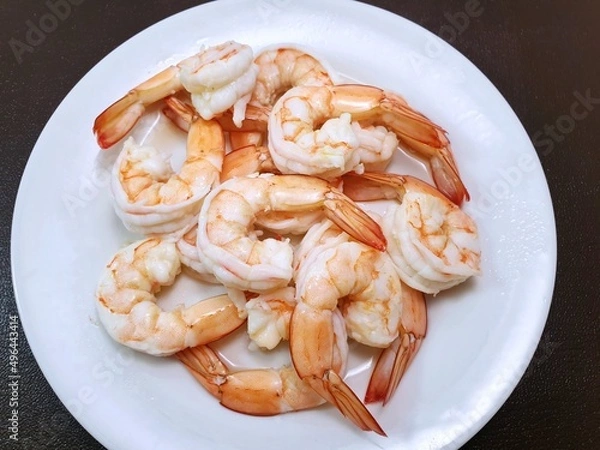 Obraz Top view of steamed shrimp on white plate as a background in restaurant, Ready to cooking or eat or serve