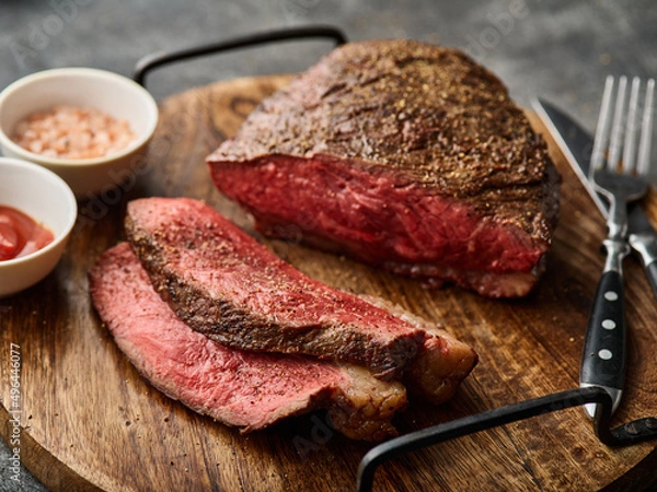 Obraz Grilled ramp cap steak on a cutting board. Barbecue Grilled rump cap or brazilian picanha beef meat steak in a wooden tray