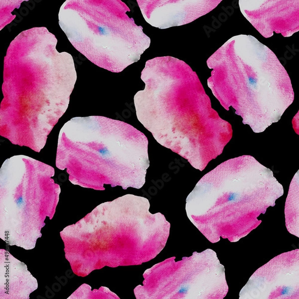 Fototapeta Watercolor abstract simple blobs clipart pattern, pink watercolor spots,  abstractive background, hand drawn, pink on black, pink blobs pattern 