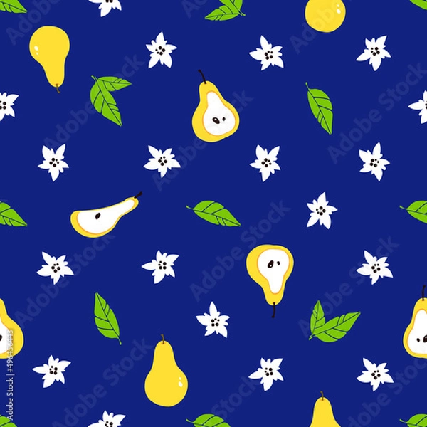 Fototapeta Seamless vector floral pattern with yellow pears and inflorescences, green leaves. Vector illustration on a blue background. Botanical print.