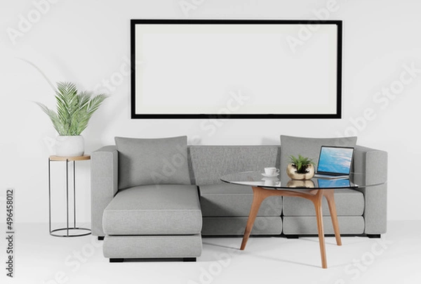 Obraz Room view with sofa, table and laptop and frames for filling content. A minimalistic concept, a modern flat in a light pastel color. 3D render, 3D illustration.