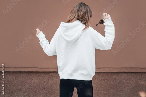 Obraz Woman in white hoodie, back view, mockup.