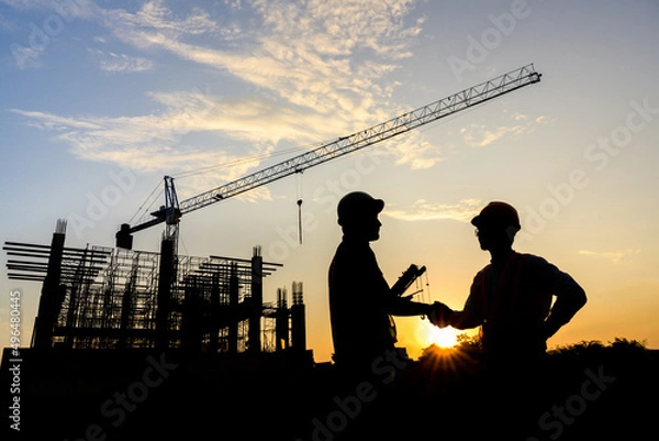 Fototapeta silhouettes of construction engineers or managers and construction workers on a construction site shake hands to agree on a work plan Design projects of houses and industrial buildings