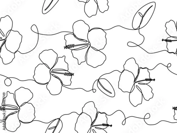 Fototapeta Exotic hibiscus flower in one line drawing in seamless pattern background design