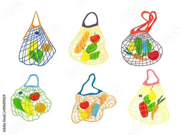 Fototapeta Set of three eco shopping net bags with various products.