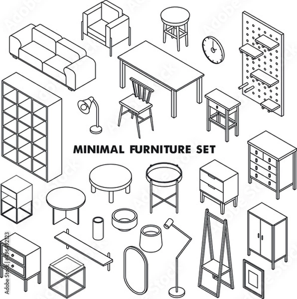 Fototapeta Minimal furniture set on white background, vector
