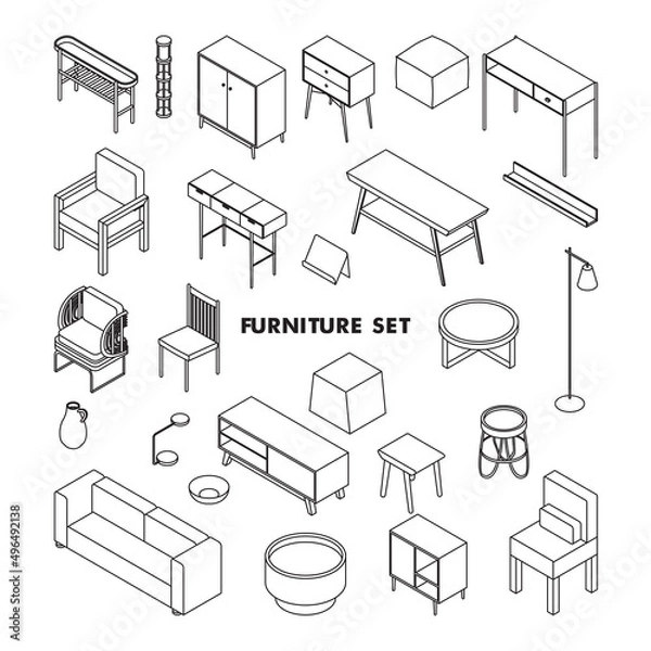 Obraz Minimal furniture set on white background, vector