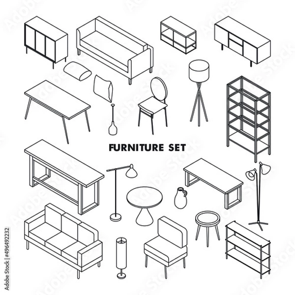 Obraz Minimal furniture set on white background, vector