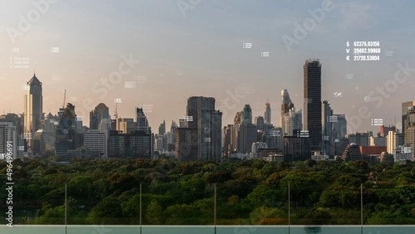 Fototapeta Business data analytic interface fly over smart city showing alteration future of business intelligence. Computer software and artificial intelligence are used to analyze big data for strategic plan .