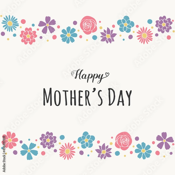 Fototapeta Mother’s Day card with hand drawn colourful cute flowers and greetings. Vector