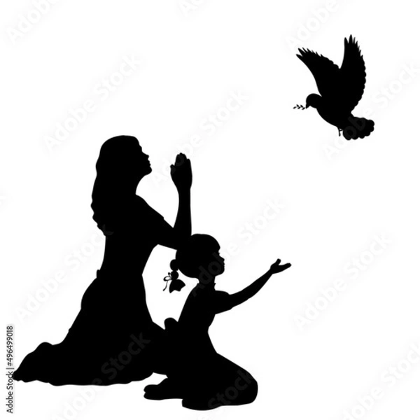 Obraz Silhouettes of mother and daughter cry out to pray for peace. Illustration symbol icon vector
