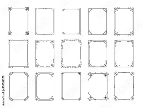 Fototapeta Decorative frames. Abstract vintage calligraphic framing for invitations and postcards. Geometric shapes. Classic filigree rectangles. Retro botanical elements. Vector line borders set