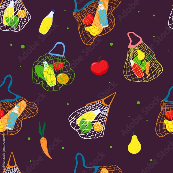 Fototapeta Pattern of eco shopping bags with different products.