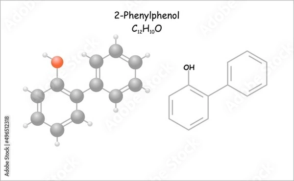 Fototapeta Stylized molecule model/structural formula of 2-Phenylphenol. Use as component in surface disinfectants.