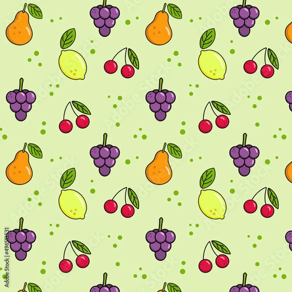 Obraz Fruit and berry pattern wuth green background