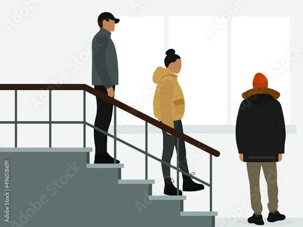 Obraz Female character and two male characters in warm clothes together on the staircase