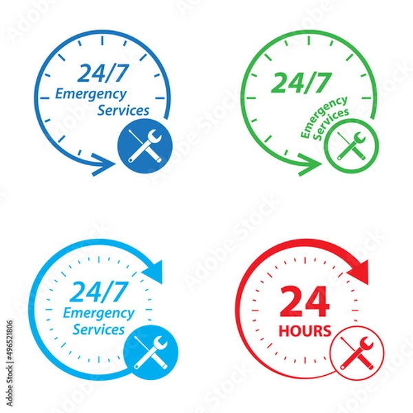 Obraz Emergency services 24 hours icon set. Clock, screwdriver and wrench logo. Badge, time, customer, open, assistance, delivery. Vector illustration.