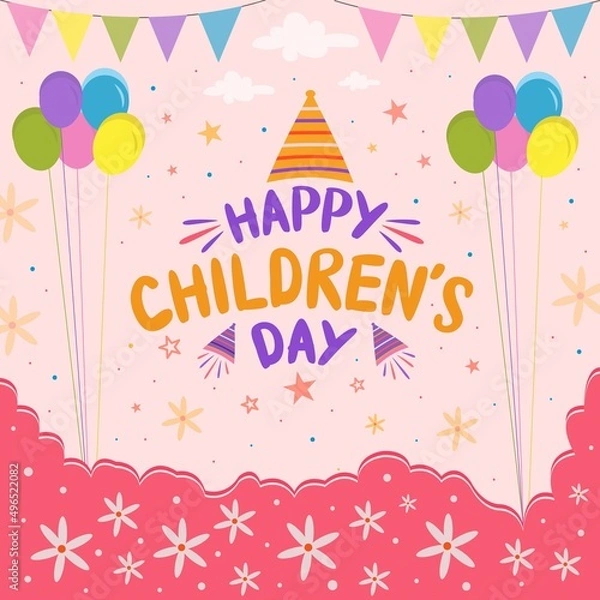 Fototapeta Happy children's day Creative greeting card Holiday phrase. Hand drawn vector lettering of children's day celebration.