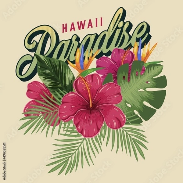Fototapeta Tropical labels with exotic floral design with flower hibiscus and leaves palm and monstera isolated vector. Emblem for t-shirts.