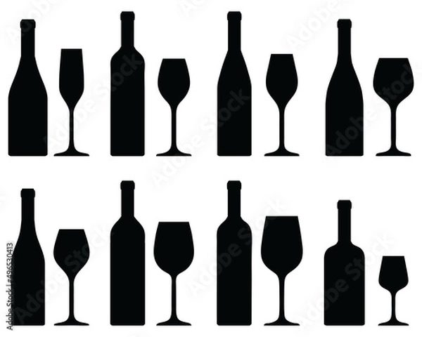 Fototapeta Black silhouettes of wine bottles and glasses on a white background	