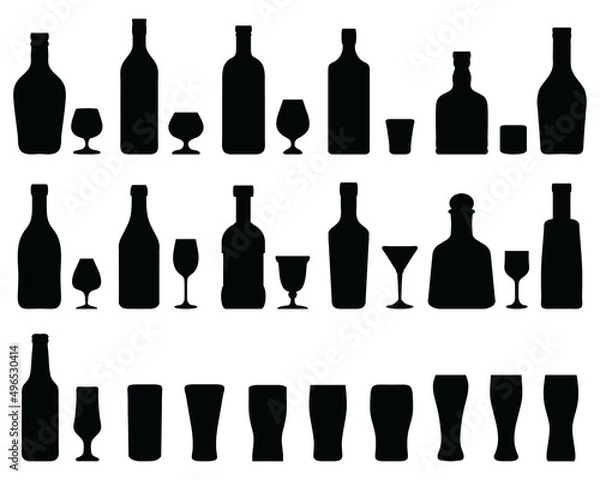 Fototapeta Black silhouettes of spirits and beer bottles and glasses on a white background	