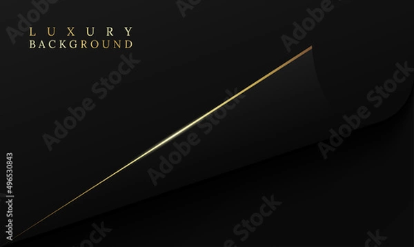 Fototapeta Luxury black paper open curl page background with golden line