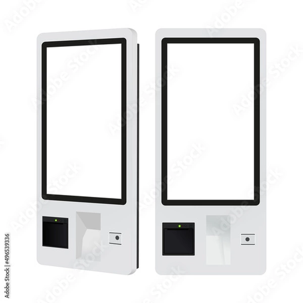 Fototapeta Touch Screen Food Ordering Self-Service Kiosk for Restaurant, Front and Side View, Isolated on White Background. Vector Illustration