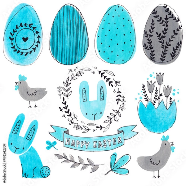 Obraz watercolor easter patterns with flowers bunnies and eggs