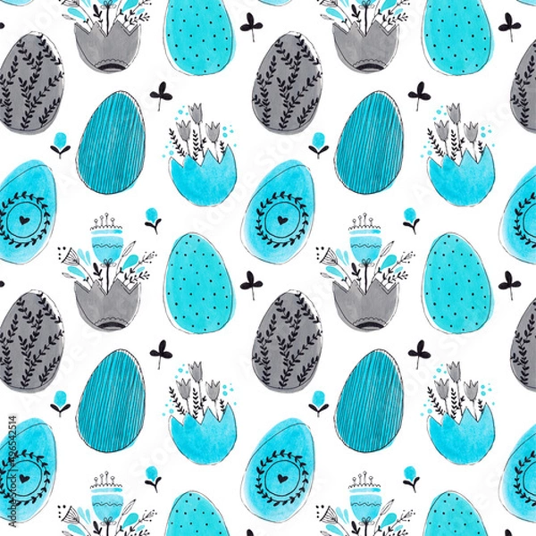 Obraz watercolor easter patterns with flowers bunnies and eggs