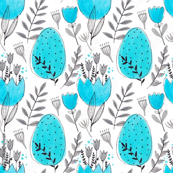 Obraz watercolor easter patterns with flowers bunnies and eggs