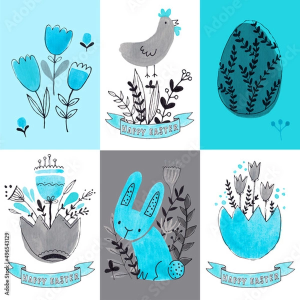 Obraz watercolor easter patterns with flowers bunnies and eggs