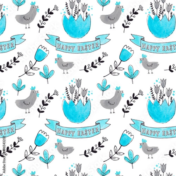 Obraz watercolor easter patterns with flowers bunnies and eggs