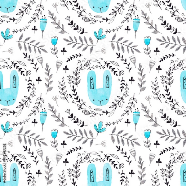 Obraz watercolor easter patterns with flowers bunnies and eggs