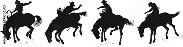 Fototapeta Vector silhouettes of a rodeo cowboy riding a bucking bronc. A saddle bronc rider and a bareback bronc rider.