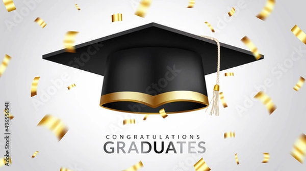 Fototapeta Graduation greeting vector design. Congratulations graduates text with 3d mortarboard cap and elegant confetti elements for college grad celebration. Vector illustration.  

