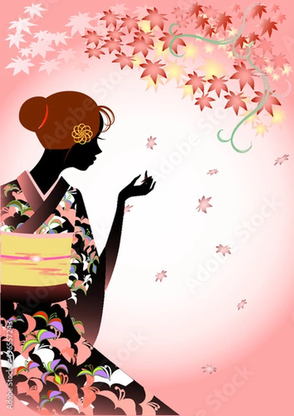 Fototapeta 女性、着物、もみじ、紅葉